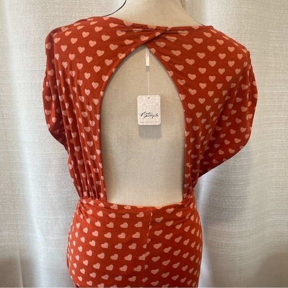 Free People Lakeside Heart Printed Midi Dress Orange Ginger Combo Sz XS NWT - Picture 6 of 9
